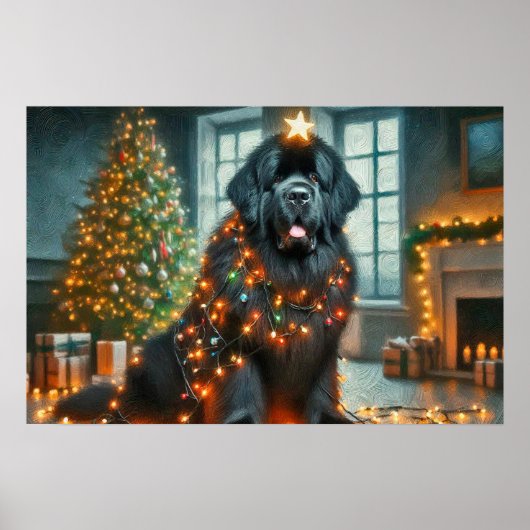 Poster van Newfie versierd voor Kerstmis (Voorkant)