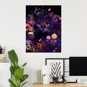 Poster van Paarse Floral Cat Birthday
