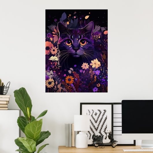 Poster van Paarse Floral Cat Birthday (Thuiskantoor)