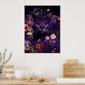 Poster van Paarse Floral Cat Birthday (Keuken)