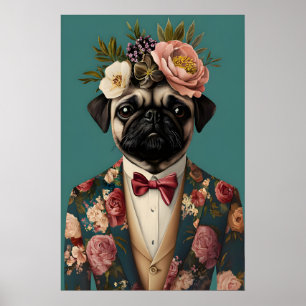 Poster van Pug in Pak, Pug Portret, Pug Olie