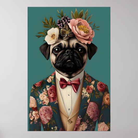 Poster van Pug in Pak, Pug Portret, Pug Olie (Voorkant)
