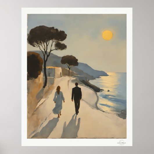 Poster van stel dat langs de zee loopt bij zonsond (Voorkant)