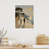 Poster van stel dat langs de zee loopt bij zonsond (Keuken)