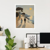 Poster van stel dat langs de zee loopt bij zonsond (Thuiskantoor)