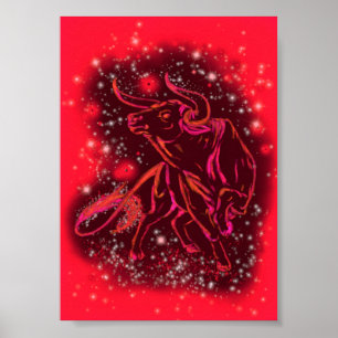 Poster van stier die rent op rode sterrenhemel