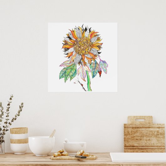 Poster van witte en kleurrijke zonnebloemen (Keuken)