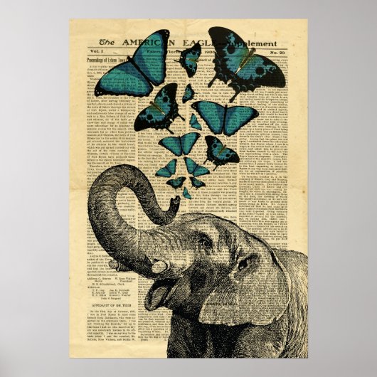 Poster Vintage Elephant Butterflies in de krant (Voorkant)