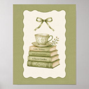(POSTER) Vintage groene stapel boeken en theekopje Poster