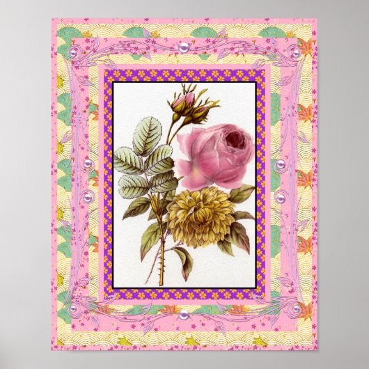 Poster Vintage Kunst Bloemen Roze Met Frame (Voorkant)