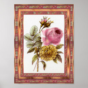 Poster Vintage Kunst Bloemen Roze Met Frame