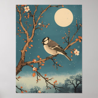 Poster - Vogels bij maanlicht op bloeiende tak