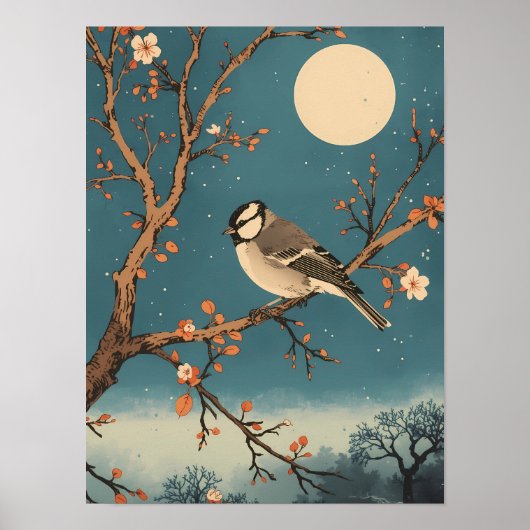 Poster - Vogels bij maanlicht op bloeiende tak (Voorkant)