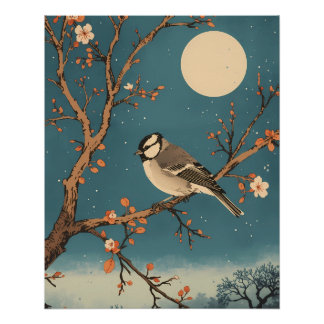 Poster - Vogeltje in het maanlicht op een bloeiend