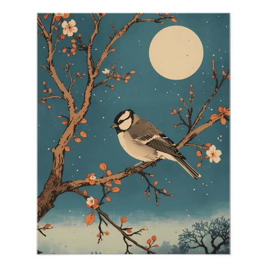 Poster - Vogeltje in het maanlicht op een bloeiend (Voorkant)