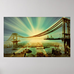 Poster voor de bouw van Manhattan Bridge met styli