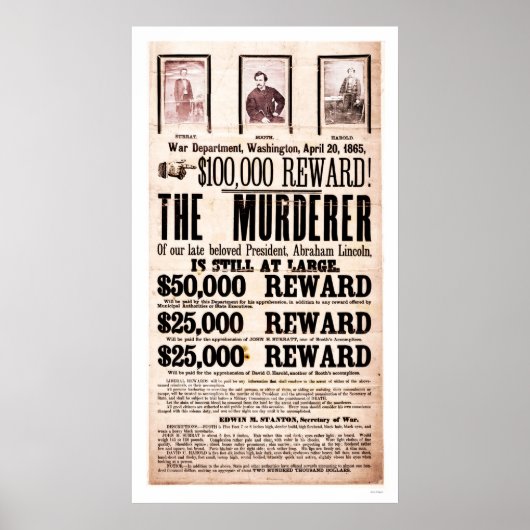Poster voor de moord op Lincoln 1865 (Voorkant)