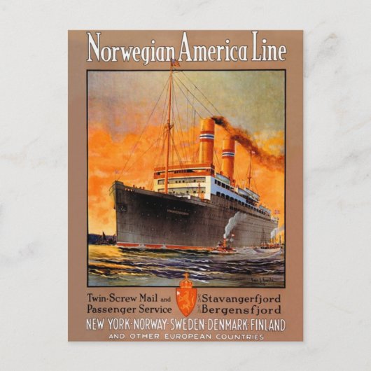 Poster voor lijnreizen tussen Noorwegen en Amerika Briefkaart (Voorkant)