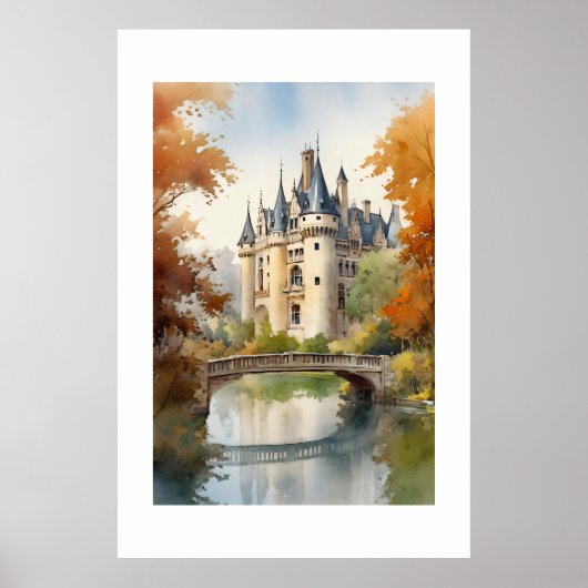 Poster Waterverf Illustratie van een Frans kasteel (Voorkant)