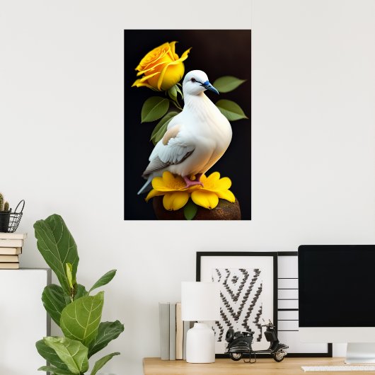 Poster - Witte duif geel bloemen rust (Thuiskantoor)