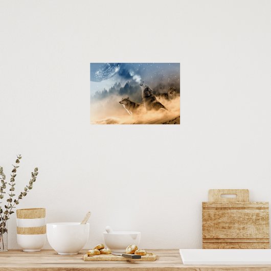 Poster/Wolven Howling bij de maan Poster (Keuken)