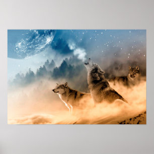 Poster/Wolven Howling bij de maan Poster
