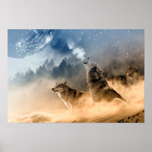 Poster/Wolven Howling bij de maan Poster (Voorkant)