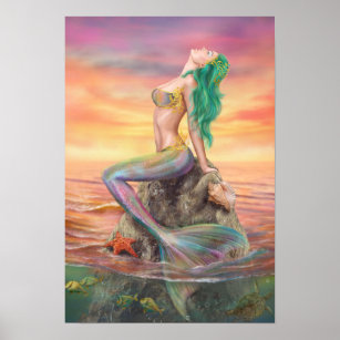 Poster zeemeermin bij zonsondergang