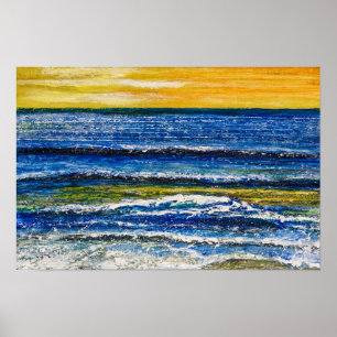 Poster - Zonsondergang en zee golven aan zee
