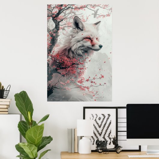 PosterKitsune Spirit – Japanese Fox in Blossom For Poster (Thuiskantoor)