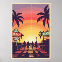 Posters Vintage Strand Zonsondergang Print