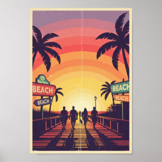 Posters Vintage Strand Zonsondergang Print