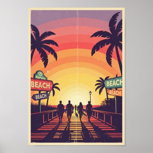 Posters Vintage Strand Zonsondergang Print (Voorkant)