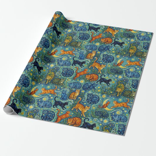 Postimpressionistische stijl katten cadeaupapier (Uitgerold)