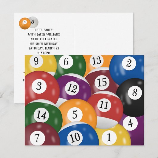Postkaart 50ste verjaardagsfeest Biljartballen (Voorkant / Achterkant)