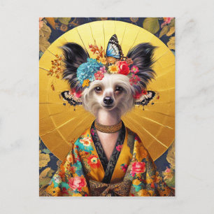 Postkaart - Chinese Crested hond in kimono