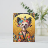 Postkaart - Chinese Crested hond in kimono (Staand voorkant)
