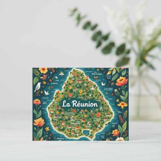 Postkaart La Réunion - geïllustreerde kaart van he (Staand voorkant)