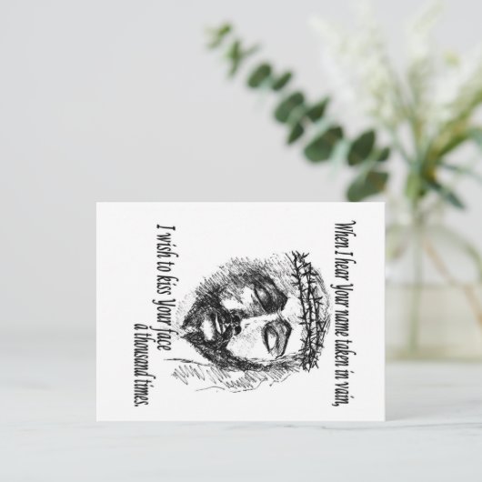 Postkaart met hoofd Christus en gezegde. (Staand voorkant)