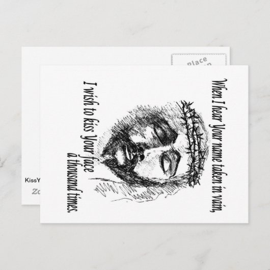 Postkaart met hoofd Christus en gezegde. (Voorkant / Achterkant)