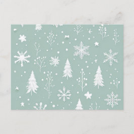 Postkaart met witte bomen en sneeuwvlokken