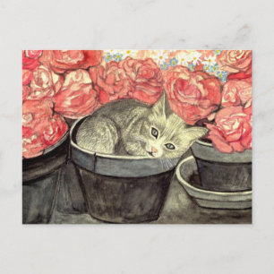 Postkarte Aquarell "Kätzchen im Blumentopf" Briefkaart