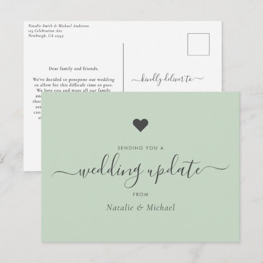 PostPone Wedding Update Elegant Script Greenery Briefkaart (Voorkant / Achterkant)