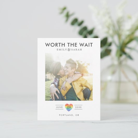 Postponed Wedding LGBTQ Save the Date with Photo Briefkaart (Staand voorkant)