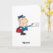 Postpostarbeider cartoon mascot gepersonaliseerd kaart (Gele Bloem)