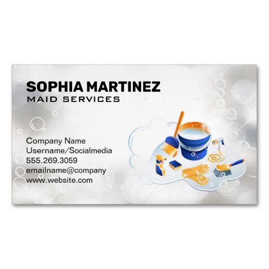 Postservice | Mop en Broom | Sparkly Bubbles Magnetisch Visitekaartje (Voorkant)