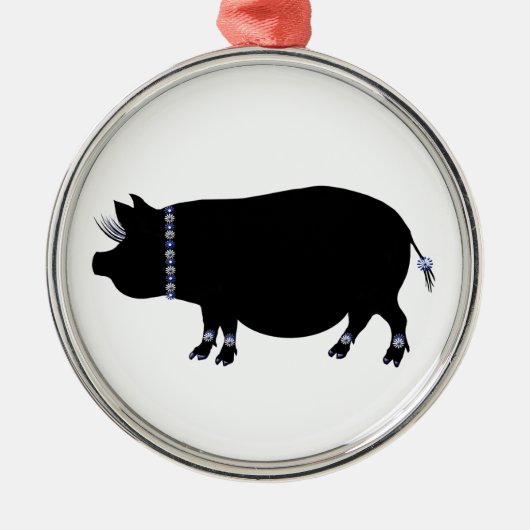 Pot Belly Pig Girl in Blue Metalen Ornament (Voorkant)