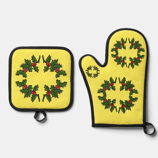 Pot Holder - Kransen van Holly Leaves en Bessen Ovenwant & Pannenlap Set (Voorkant)