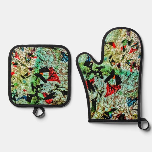 Pot houder en ovenhandschoen witte textuur abstrac ovenwant & pannenlap set (Voorkant)