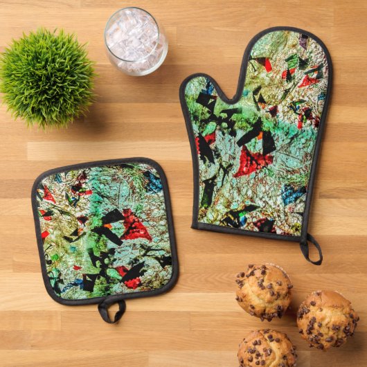 Pot houder en ovenhandschoen witte textuur abstrac ovenwant & pannenlap set (Top down)